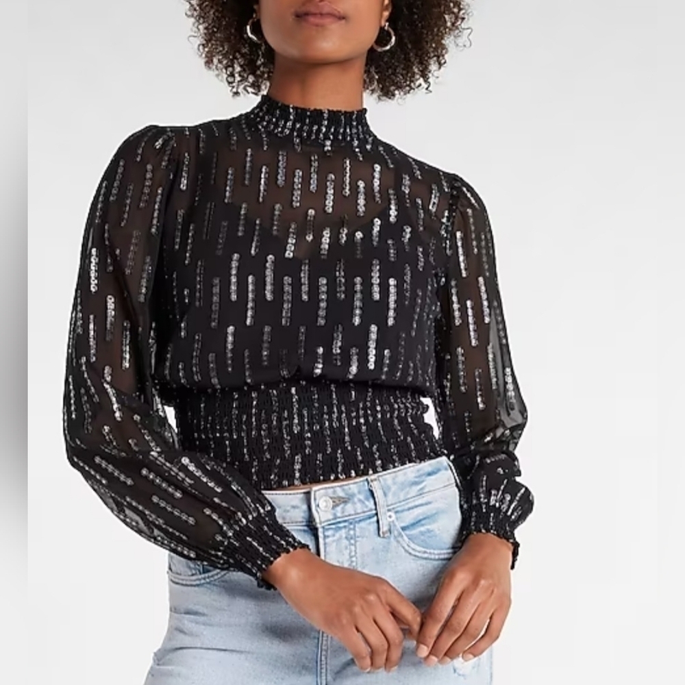 Express Black with Silver Thread Smocked Waist Full Sleeve Blouse - Size XS